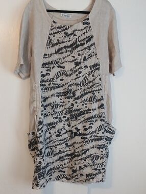 Transparente Beige and Black Printed Linen Tunic Dress
